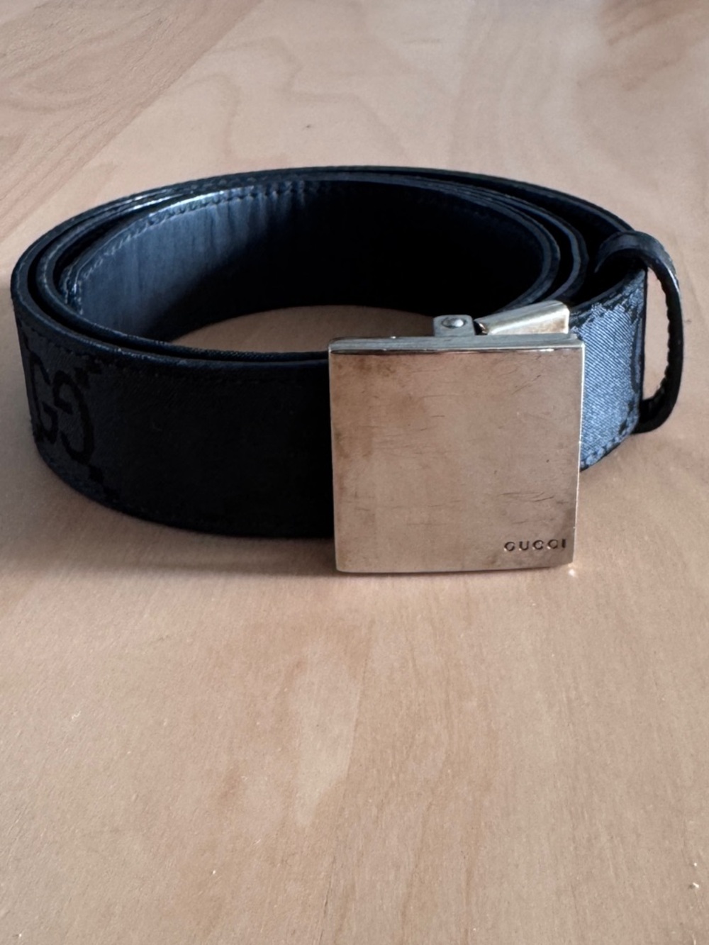 Gucci  Black GG Jacquard Belt with Square Silver Buckle